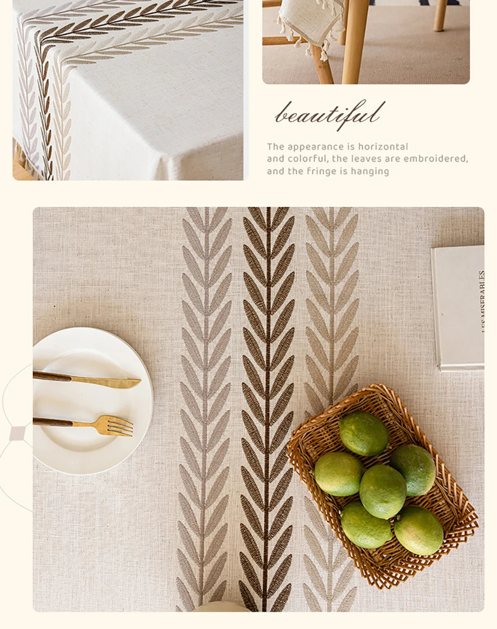 Rustic Embroidery Tablecloths Cotton Linen Coffee Leaves Pattern Rectangle Waterproof Table Covers for Kitchen Living Room Decor