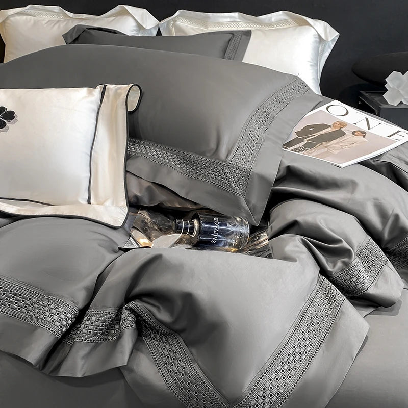 Egyptian Cotton Hollow Edge Luxury Bedding Set, White, Grey, Pink, Blue,1 Duvet Cover,2 Pillowcases,1 Flat Sheet Or Fitted Sheet