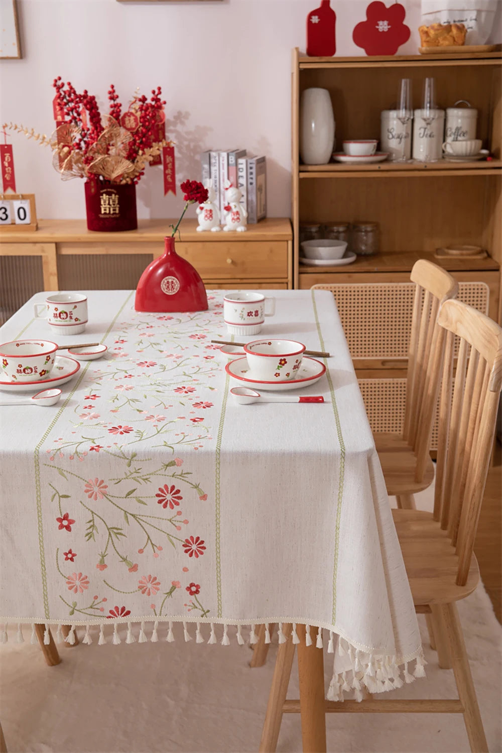 Rustic Embroidery Tablecloths Cotton Linen Coffee Leaves Pattern Rectangle Waterproof Table Covers for Kitchen Living Room Decor