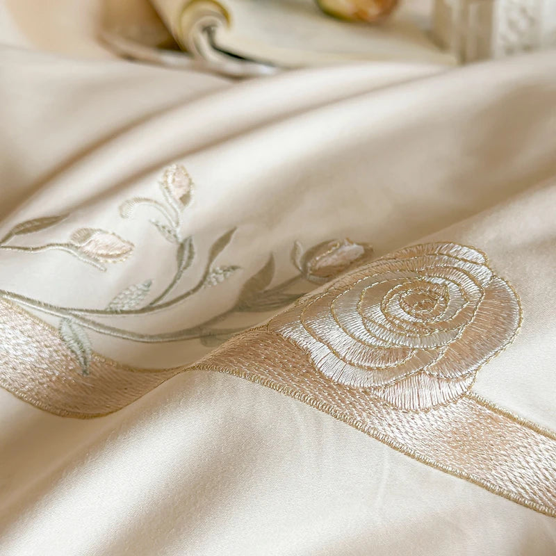 100% Cotton Luxury Rose Flowers Embroidery Bedding Queen King Size Duvet Cover Set Flat/Fitted Bed Sheet Pillowcases 4Pcs