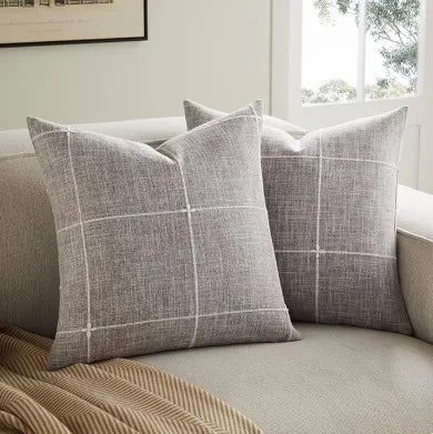 Simple Plaid Cushion Cover Brown Grey Embroidery Stripe Cotton Linen Pillow Cover