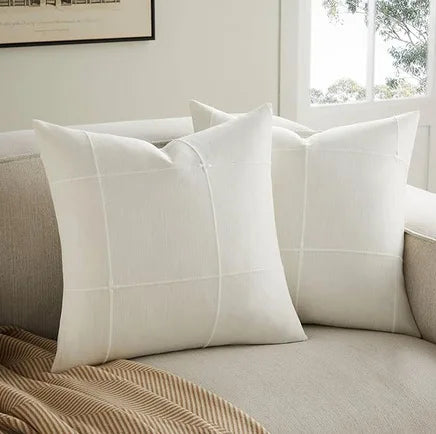 Simple Plaid Cushion Cover Brown Grey Embroidery Stripe Cotton Linen Pillow Cover