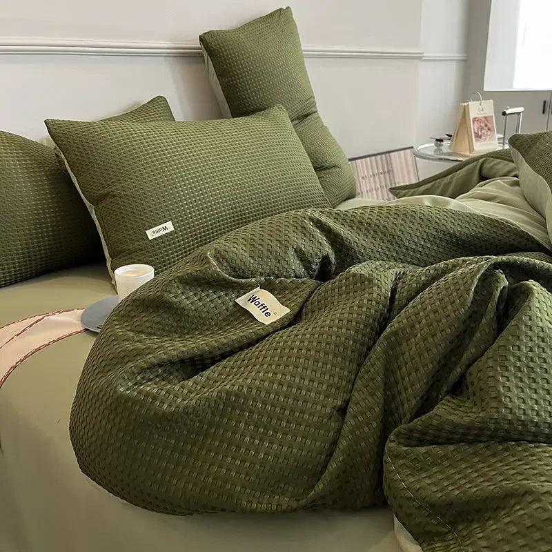 Bedding Set Cotton Waffle Olive Green Quilt Cover Bed Sheet