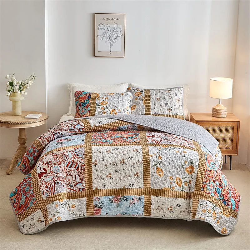 Quilted Bedspread Set,Soft Microfibe Bed Cover+Pillowcase,American Flower Patchwork,Mattress Topper Sheet King cama solteiro