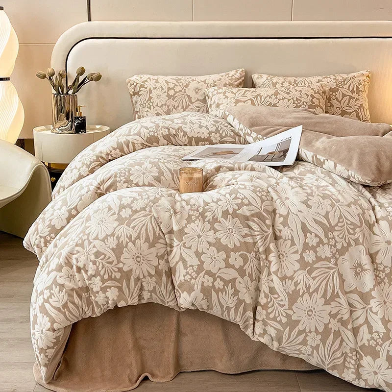 Four-piece Set Autumn and Winter Carved Coral Fleece Warm Quilt Cover Bedding