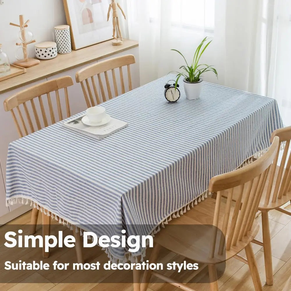 Cotton Linen Table Cloth Stripe Tassel Rectangle Tablecloth Dust-Proof Table Cover for Kitchen Dinning Tabletop Decoration