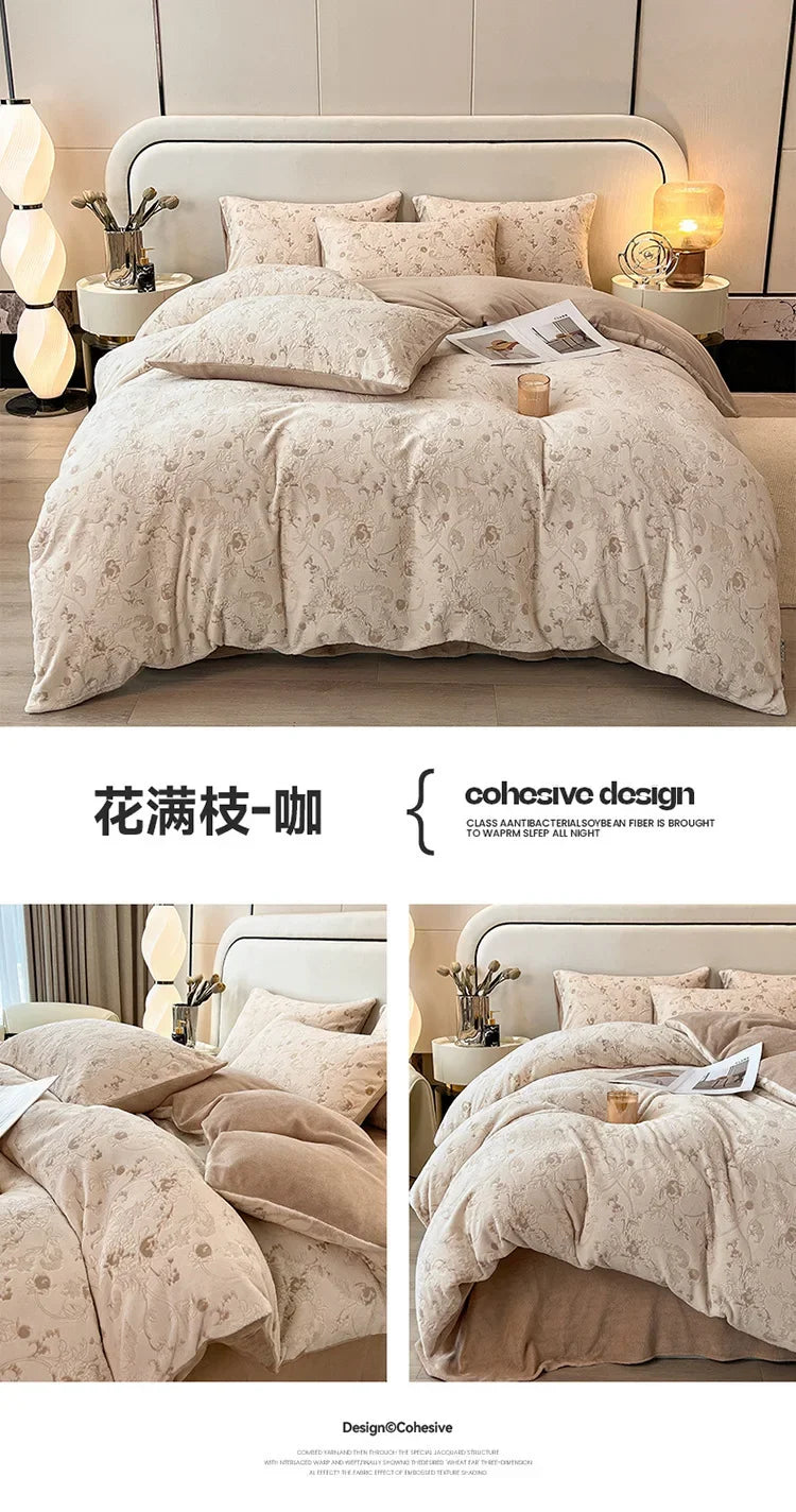 Four-piece Set Autumn and Winter Carved Coral Fleece Warm Quilt Cover Bedding