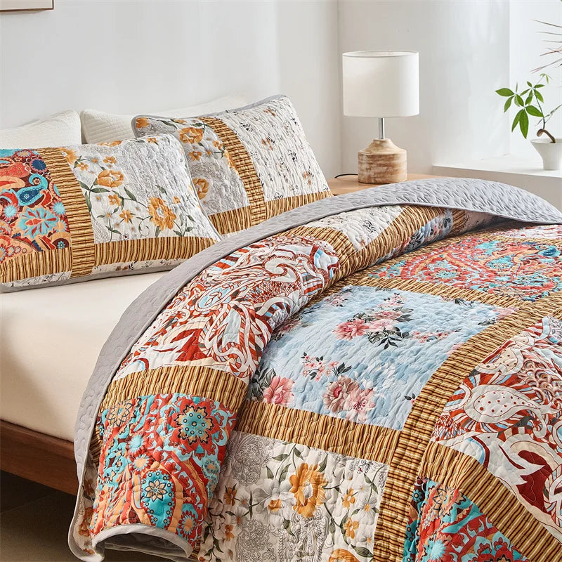 Quilted Bedspread Set,Soft Microfibe Bed Cover+Pillowcase,American Flower Patchwork,Mattress Topper Sheet King cama solteiro