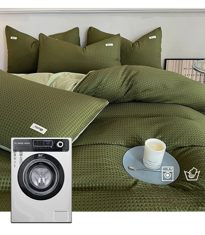 Bedding Set Cotton Waffle Olive Green Quilt Cover Bed Sheet