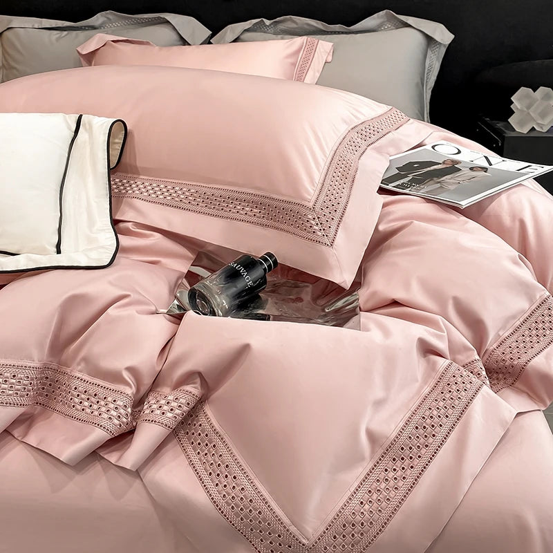 Egyptian Cotton Hollow Edge Luxury Bedding Set, White, Grey, Pink, Blue,1 Duvet Cover,2 Pillowcases,1 Flat Sheet Or Fitted Sheet