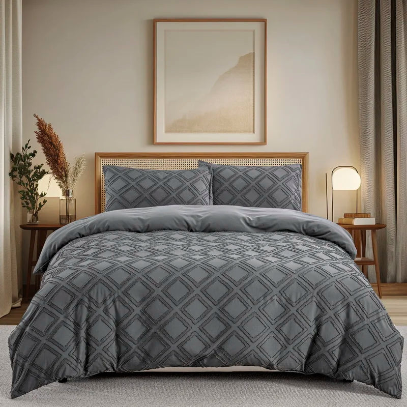 Beige Duvet Cover, Boho Tufted Microfiber Bedding Set.