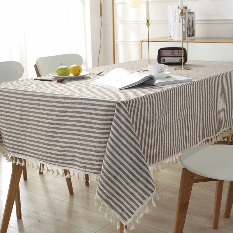 Cotton Linen Table Cloth Stripe Tassel Rectangle Tablecloth Dust-Proof Table Cover for Kitchen Dinning Tabletop Decoration