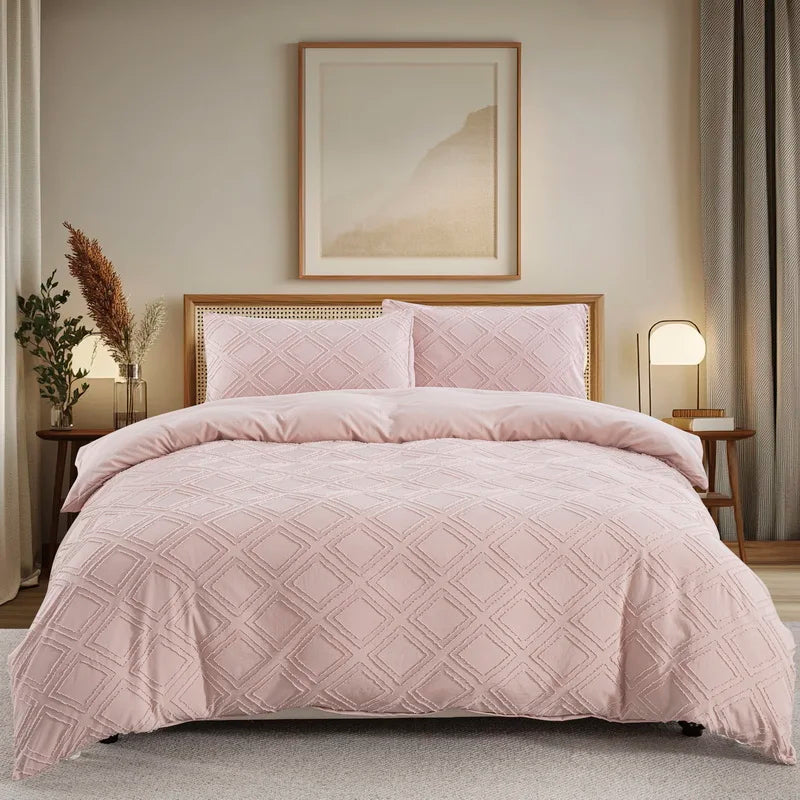 Beige Duvet Cover, Boho Tufted Microfiber Bedding Set.