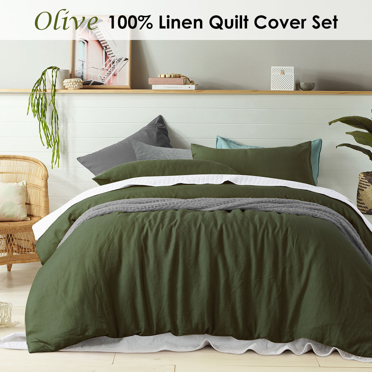 NNEDSZ 100% Linen Olive Quilt Cover Set Single-1