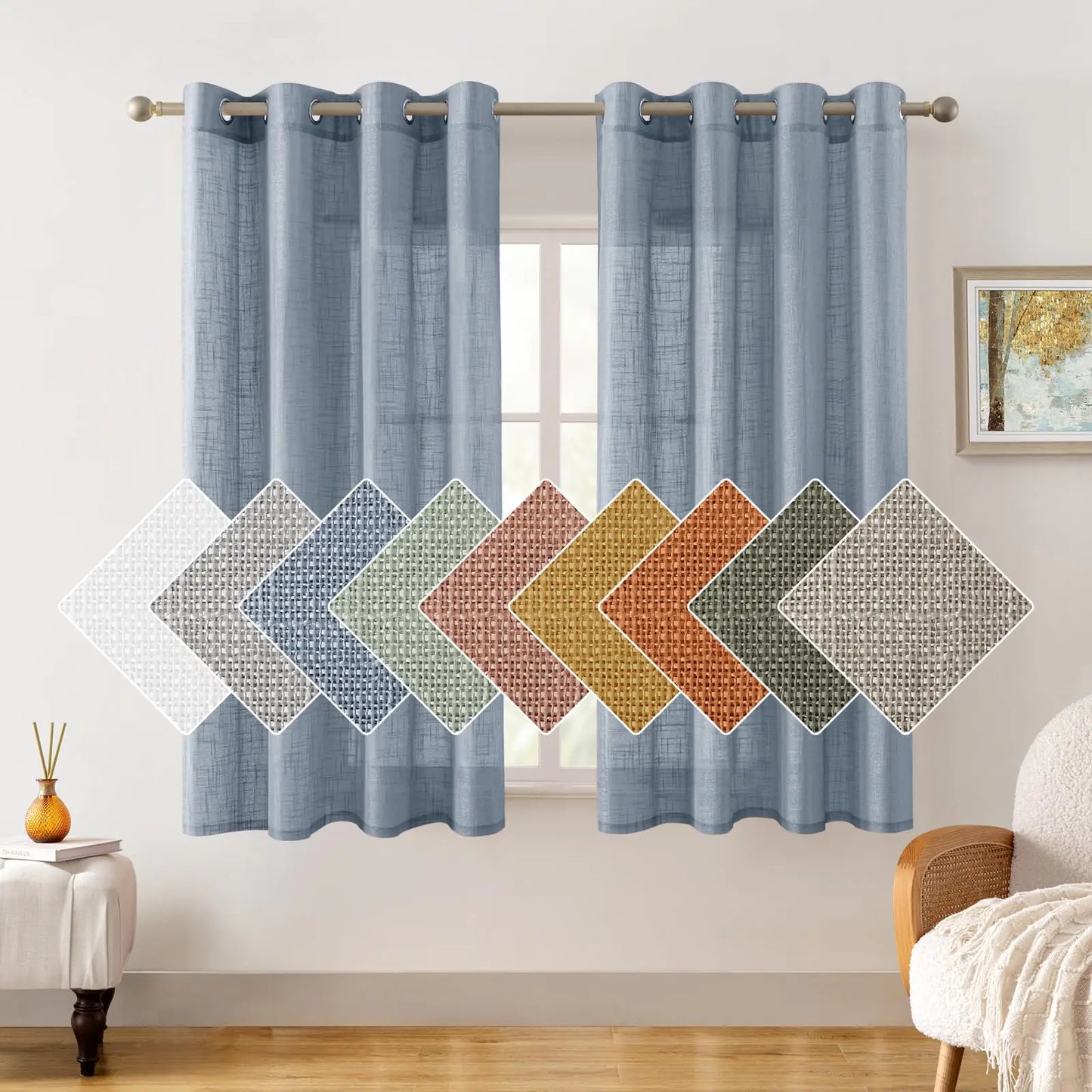 Stone Blue Linen Sheer Curtains 63 Inches Long 2 Panels Textured Semi Sheer Curtains Farmhouse Curtains