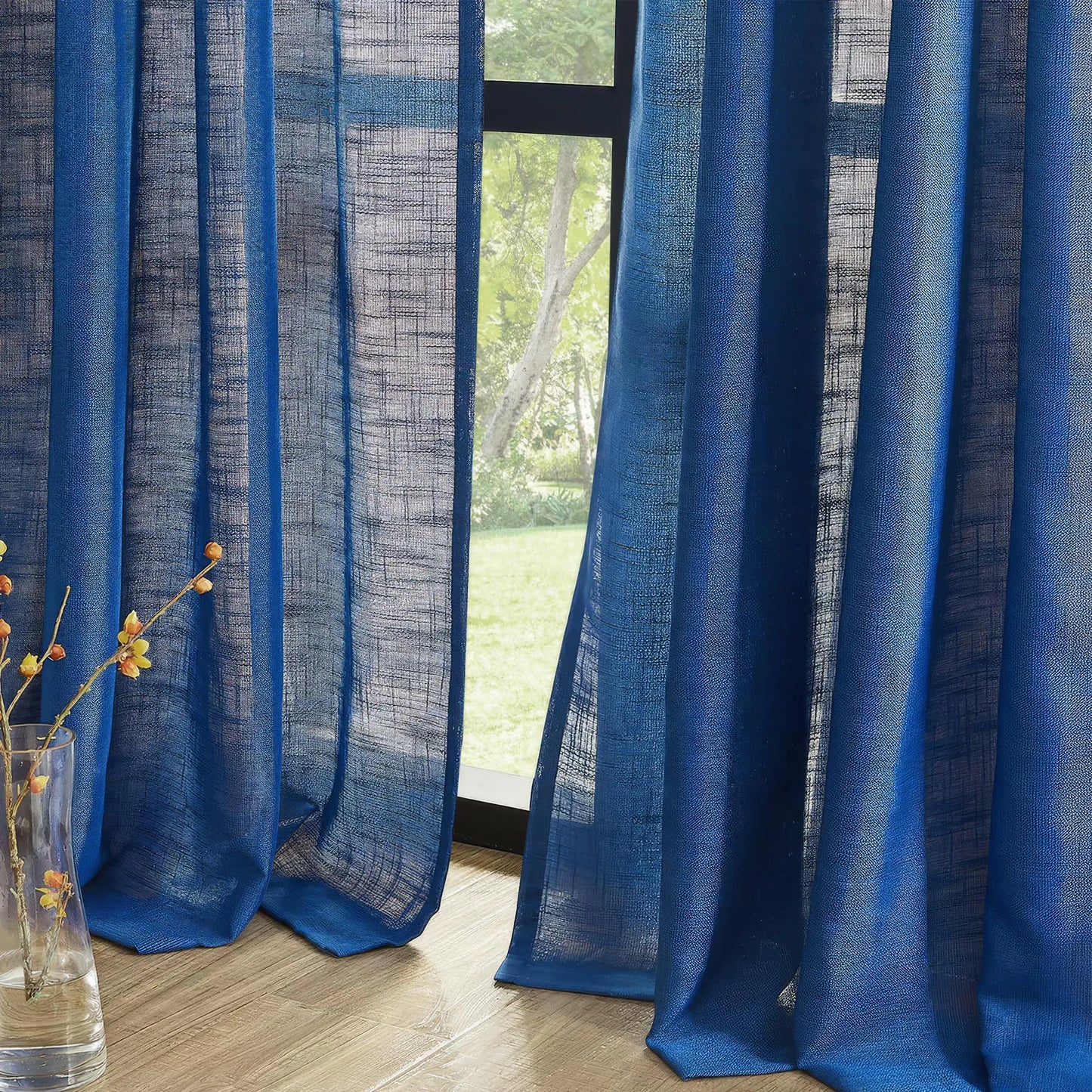 Linen Semi Sheer Curtains Navy Blue Curtains Drapes Light Filtering Window Curtains